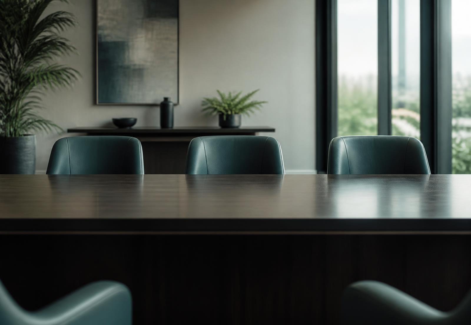 An empty interview room with three chairs behind a panel table